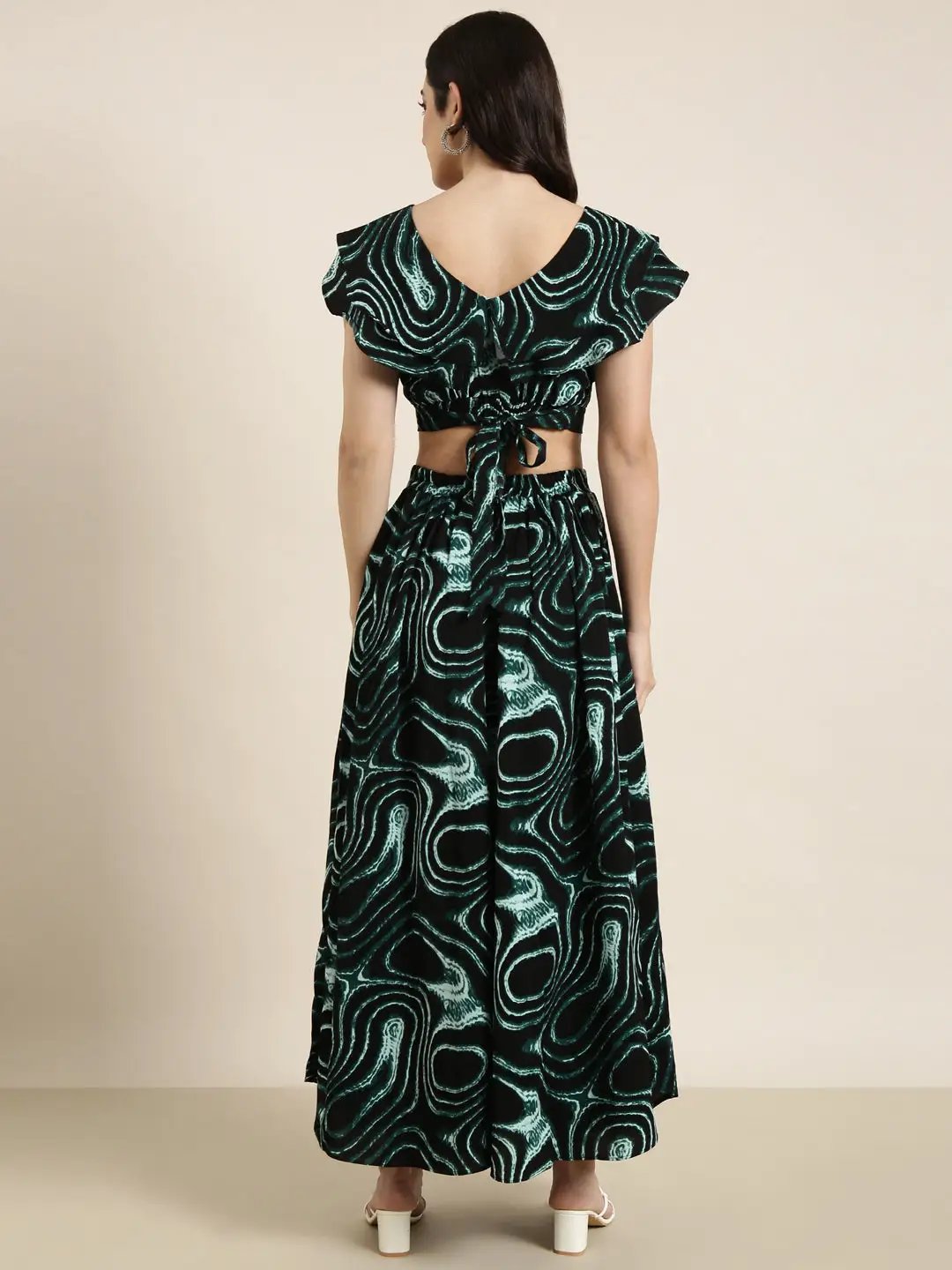 Women's Black Printed Crop Top With Palazzos Co-Ords
