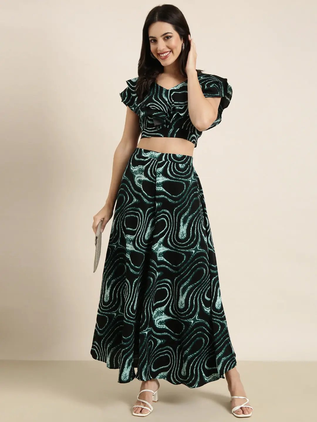 Women's Black Printed Crop Top With Palazzos Co-Ords