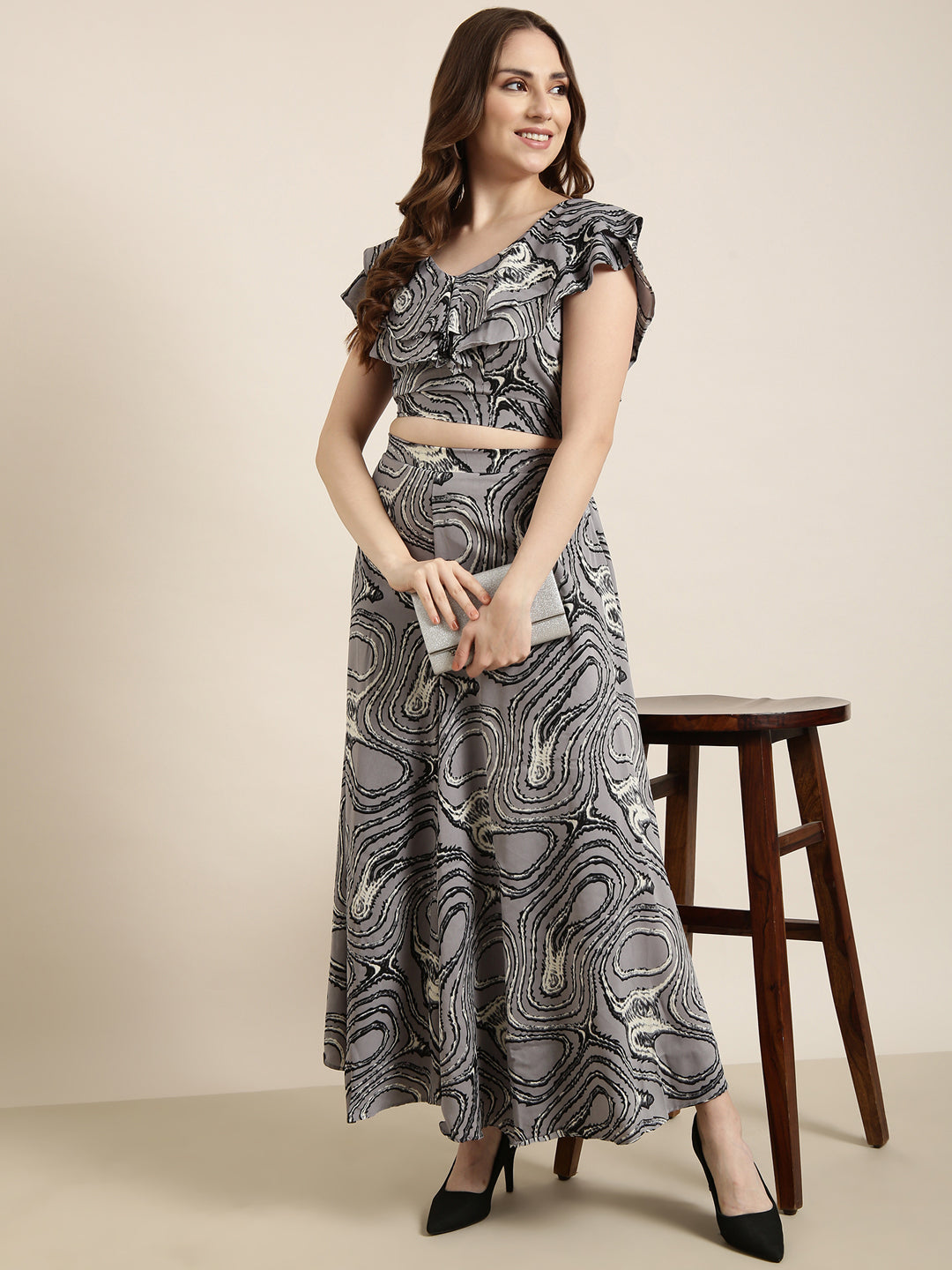 Women Grey Printed Top & Palazzos Set