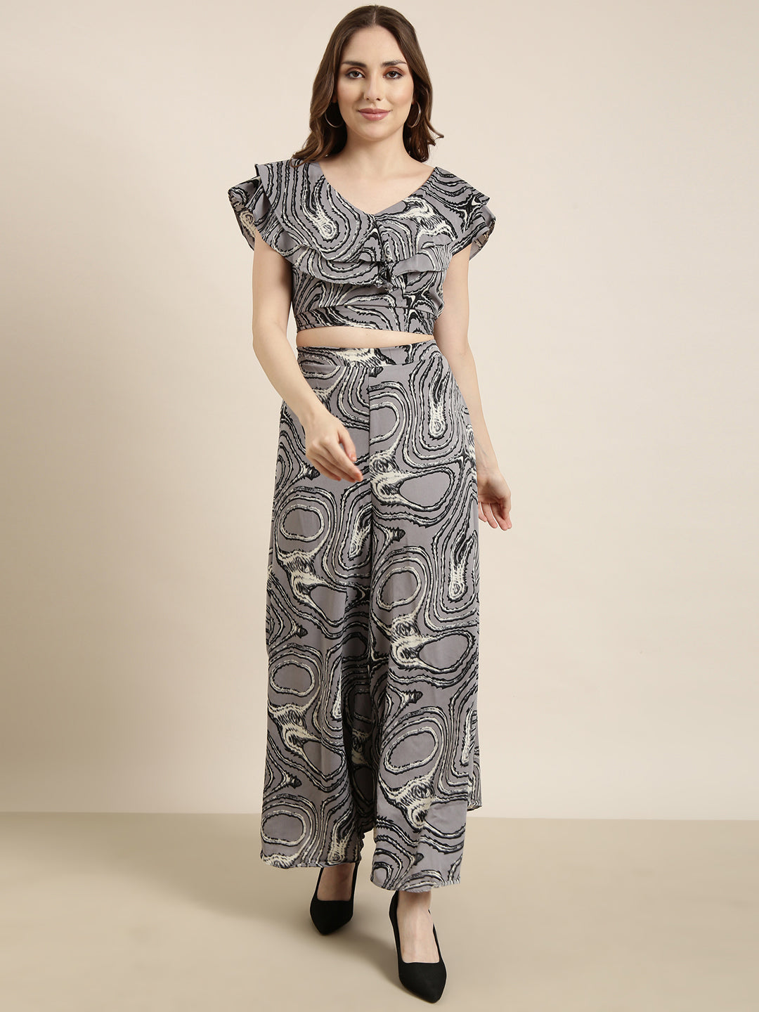 Women Grey Printed Top & Palazzos Set