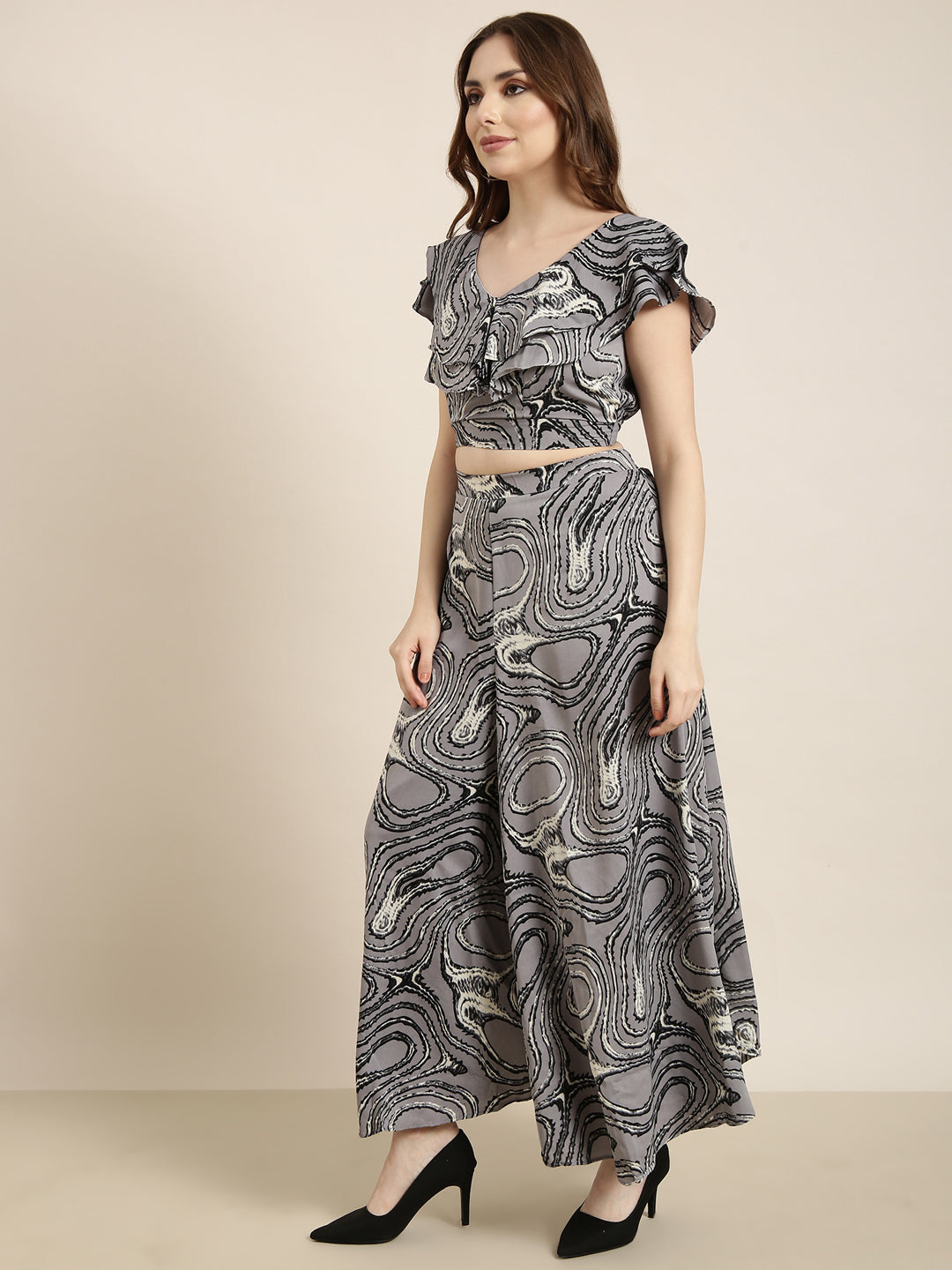 Women Grey Printed Top & Palazzos Set