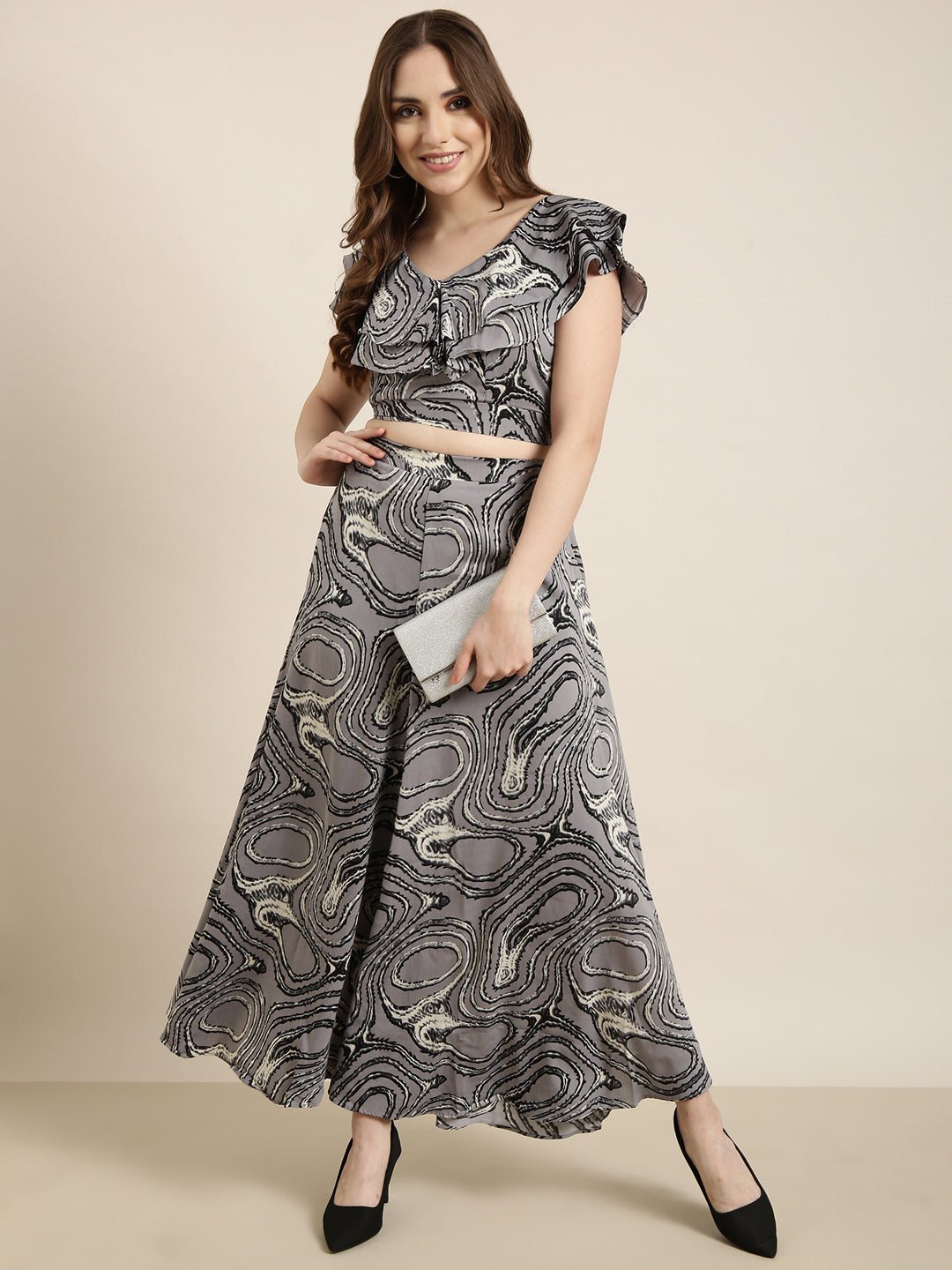 Women Grey Printed Top & Palazzos Set