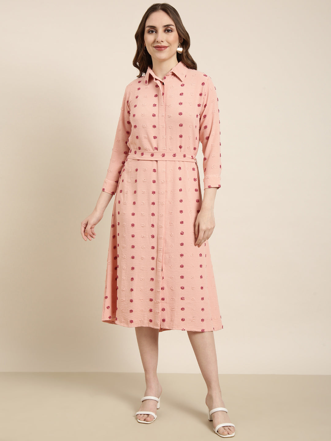 Women Peach Self Design Shirt Dress