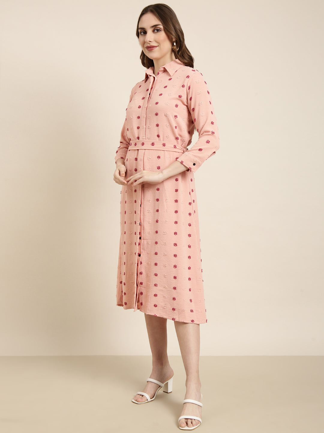 Women Peach Self Design Shirt Dress