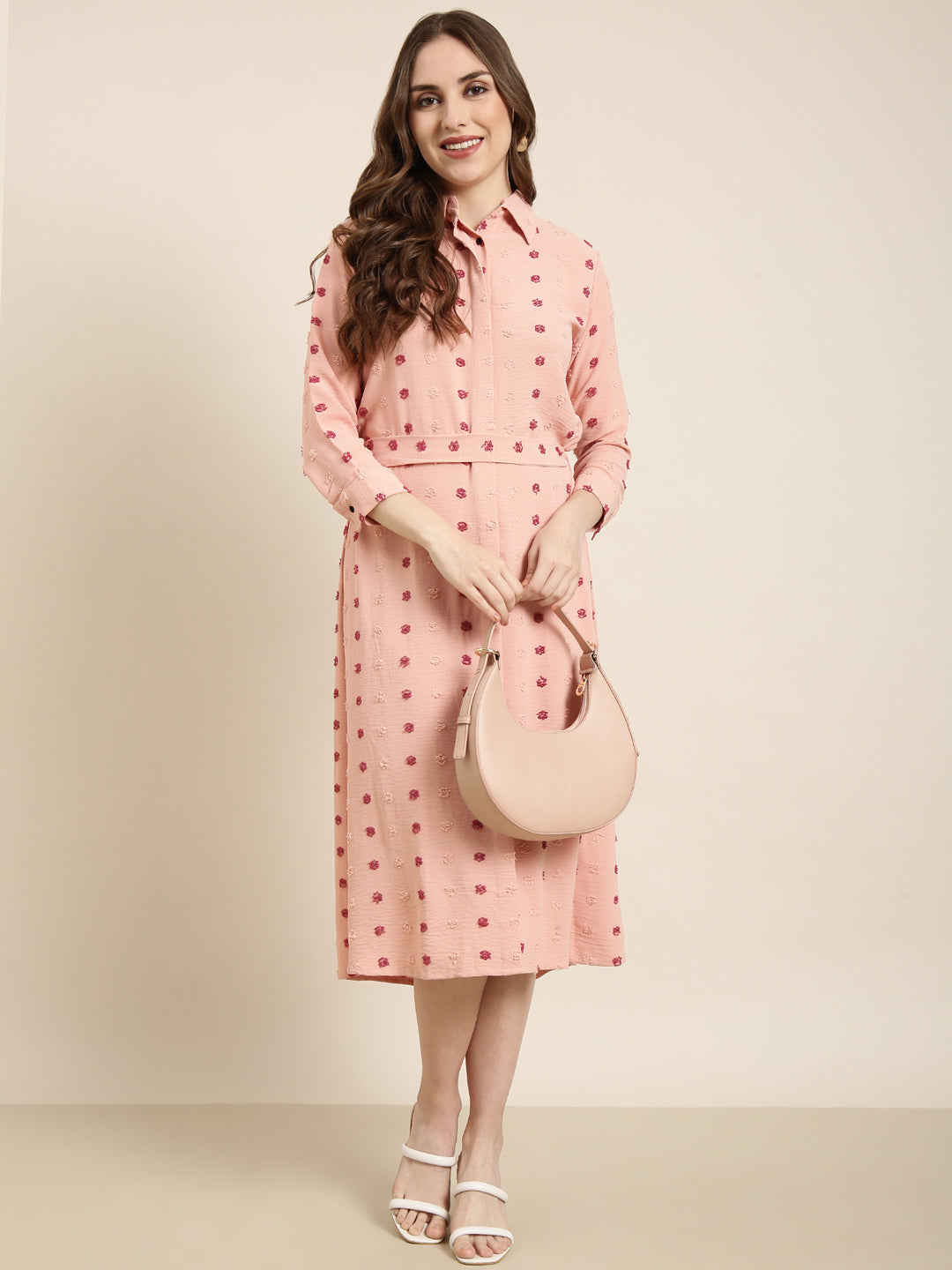 Women Peach Self Design Shirt Dress