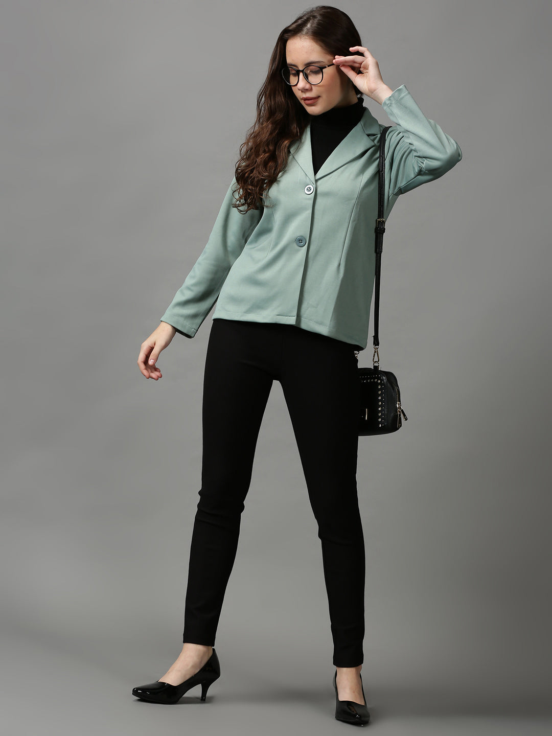 Women's Green Solid Open Front Blazer