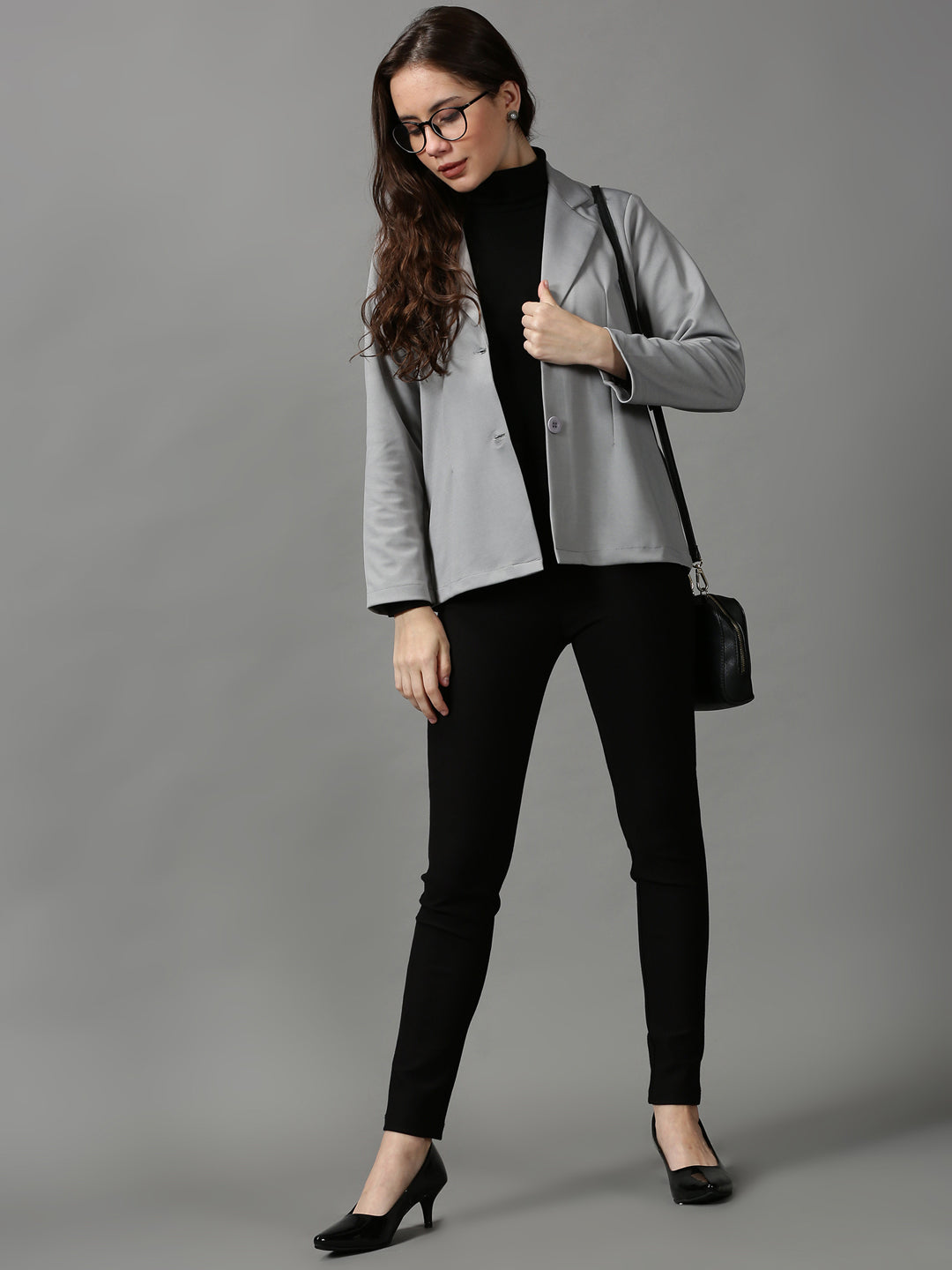 Women's Grey Solid Open Front Blazer