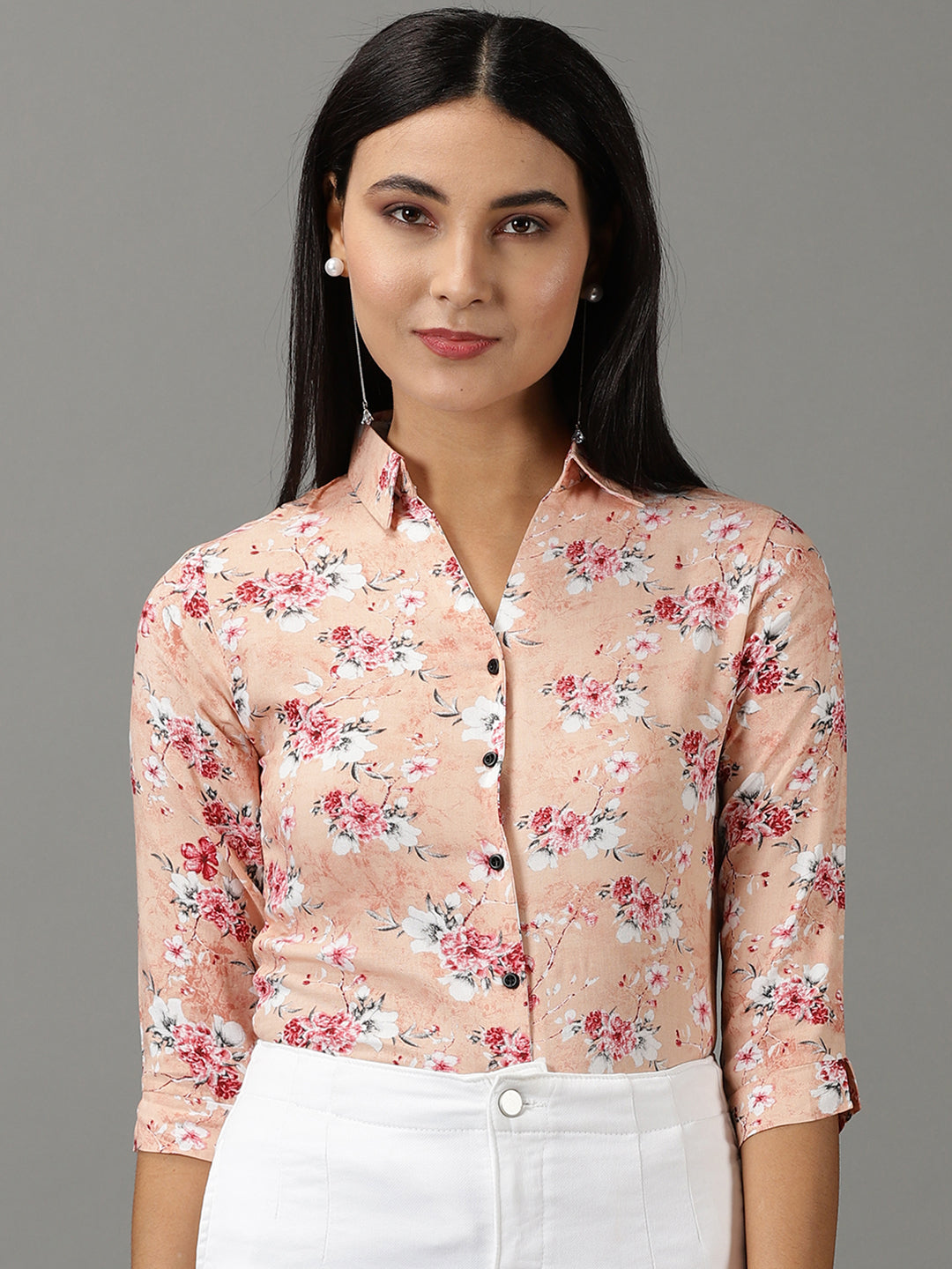 Women's Peach Spread Collar Floral Printed Casual Shirt