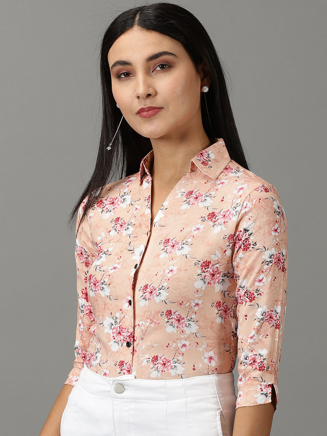 Women's Peach Spread Collar Floral Printed Casual Shirt