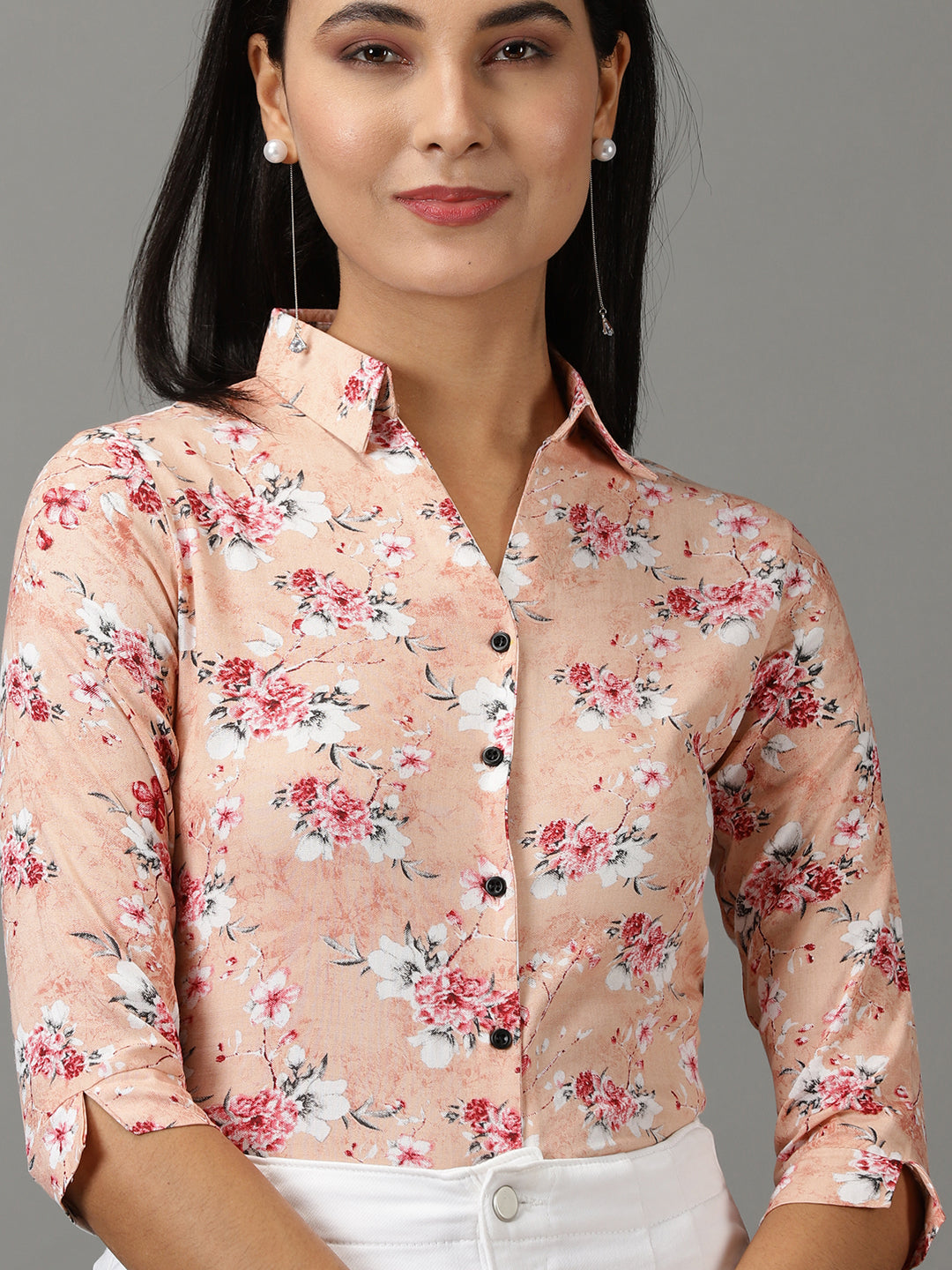 Women's Peach Spread Collar Floral Printed Casual Shirt