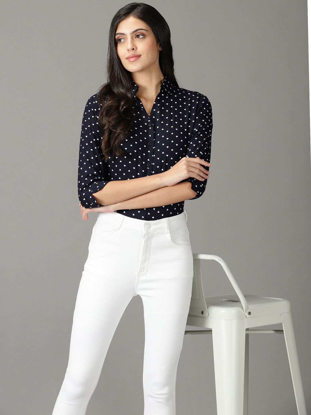 Women's Navy Blue Printed Shirt