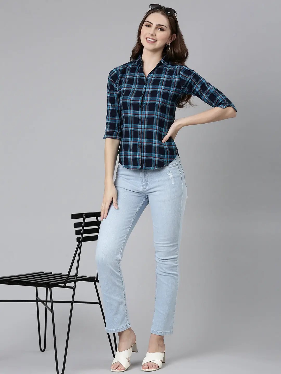 Women's Navy Blue Checked Shirt