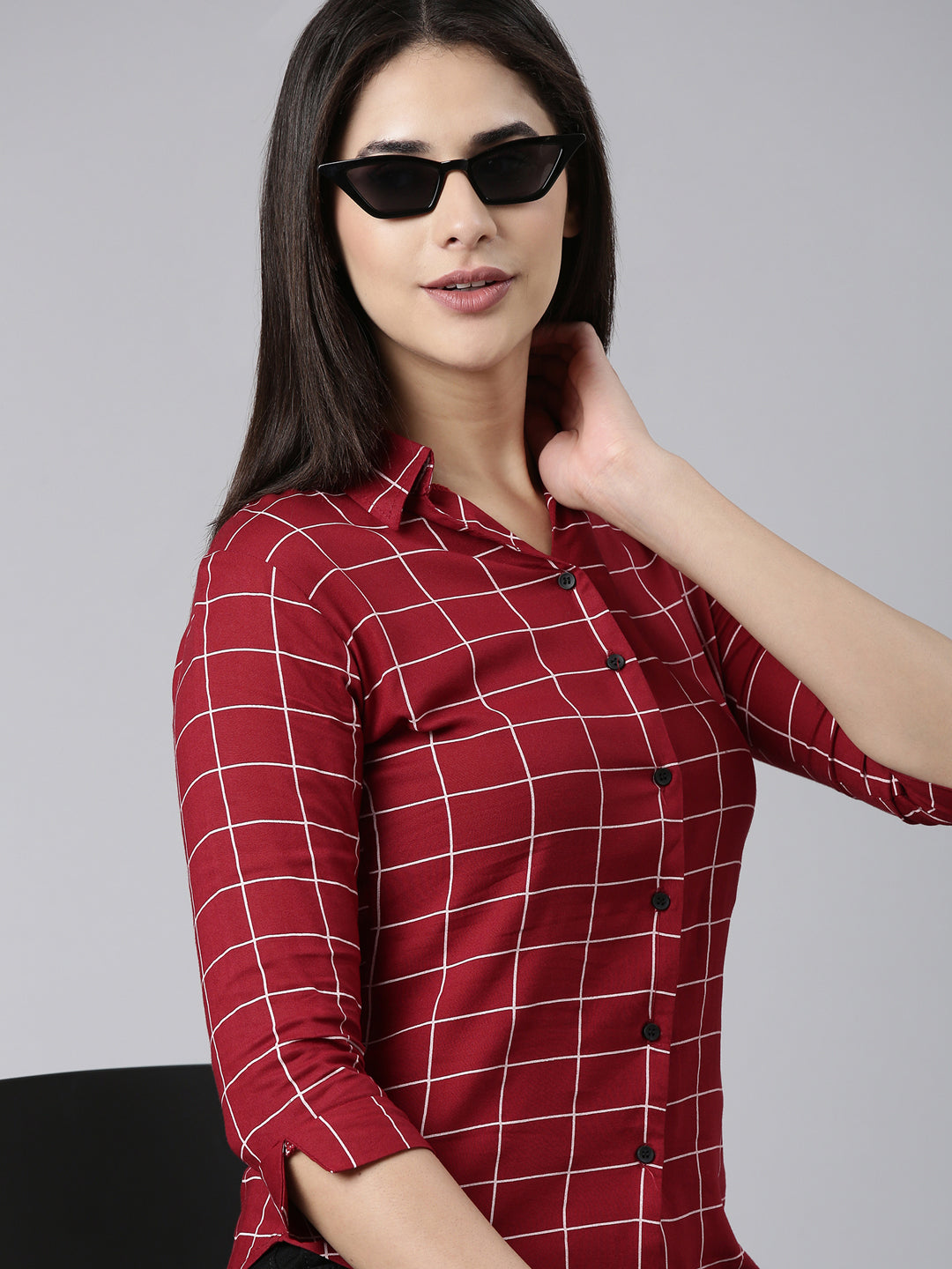 Women Maroon Checked Shirt