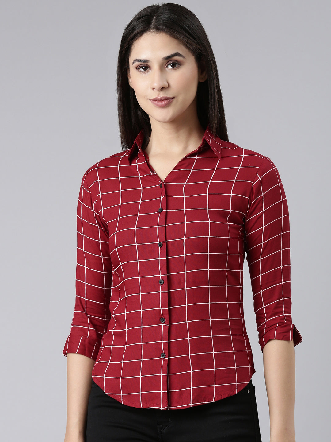 Women Maroon Checked Shirt