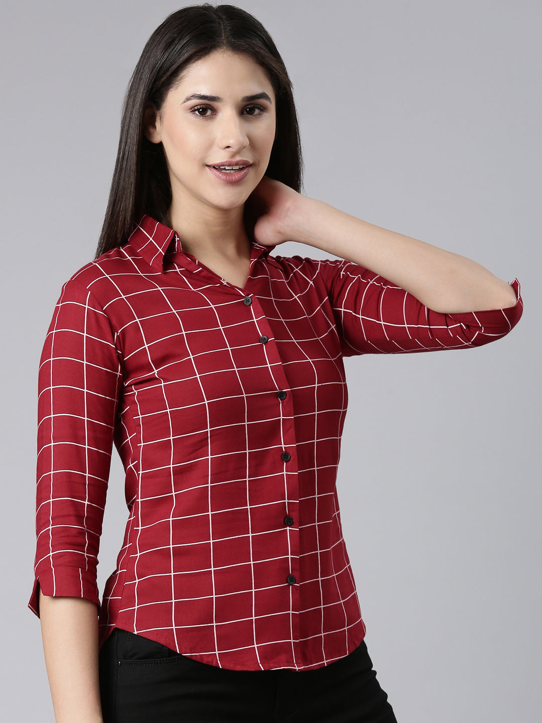 Women Maroon Checked Shirt