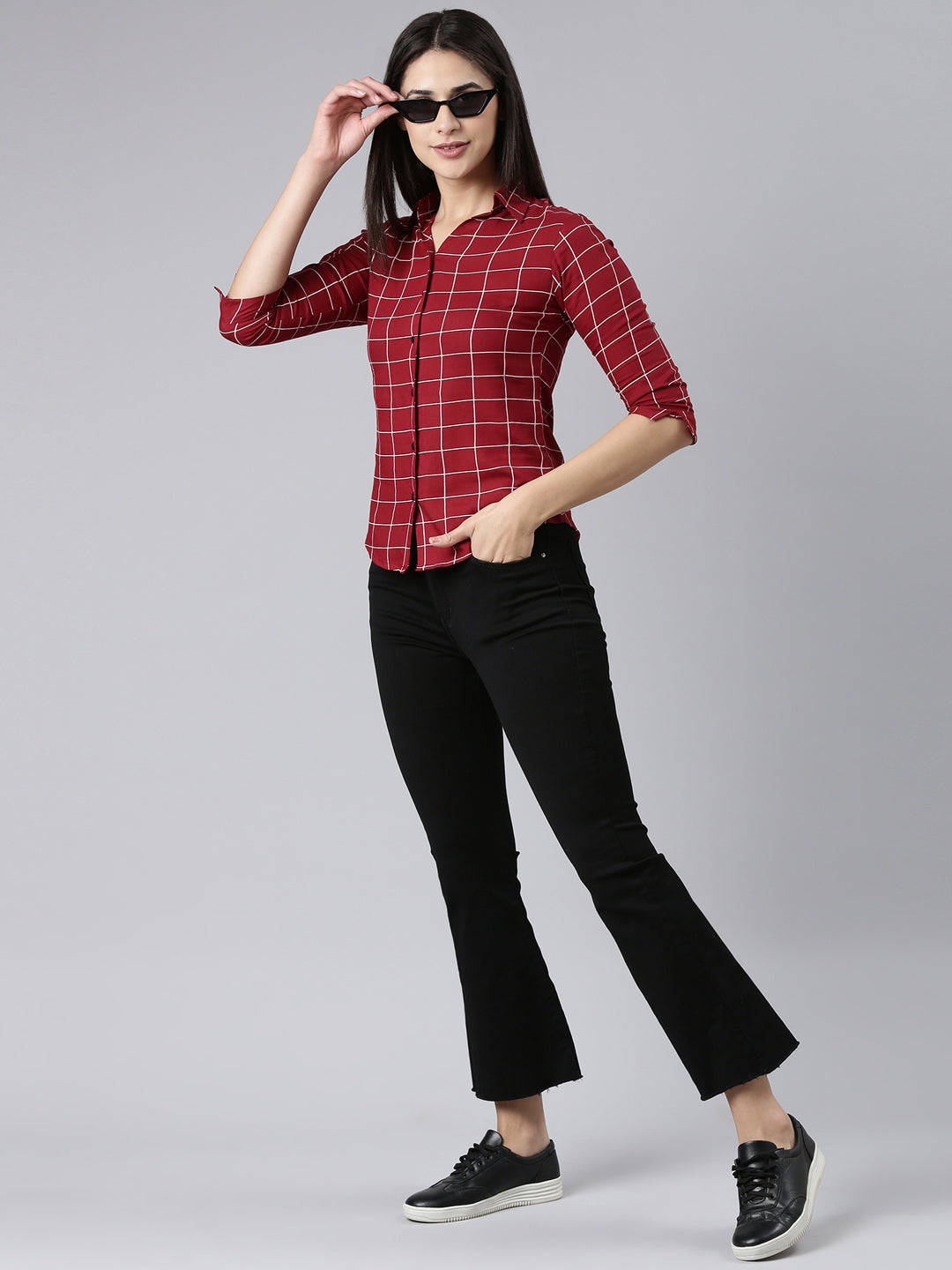 Women Maroon Checked Shirt