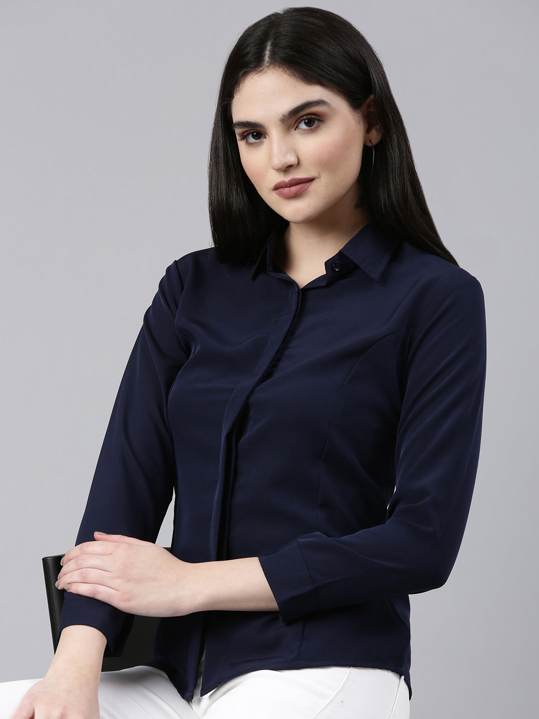 Women Navy Blue Solid Shirt