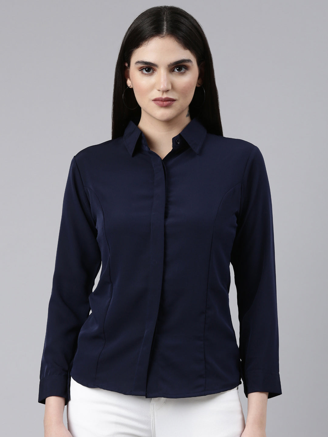 Women Navy Blue Solid Shirt