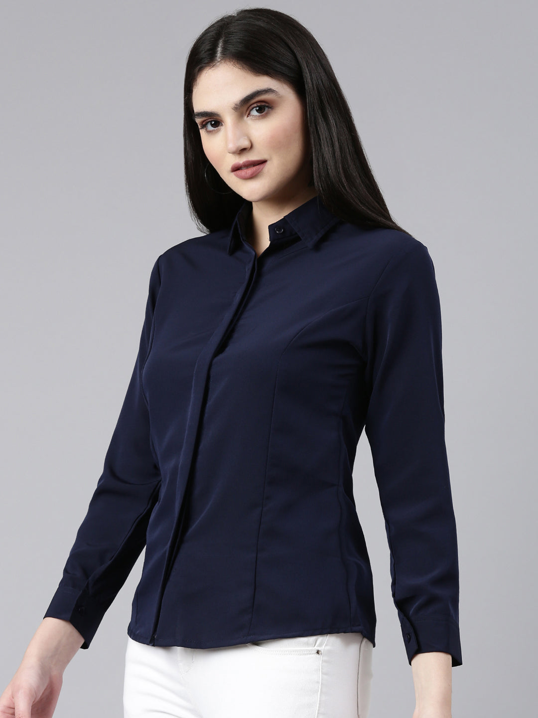 Women Navy Blue Solid Shirt