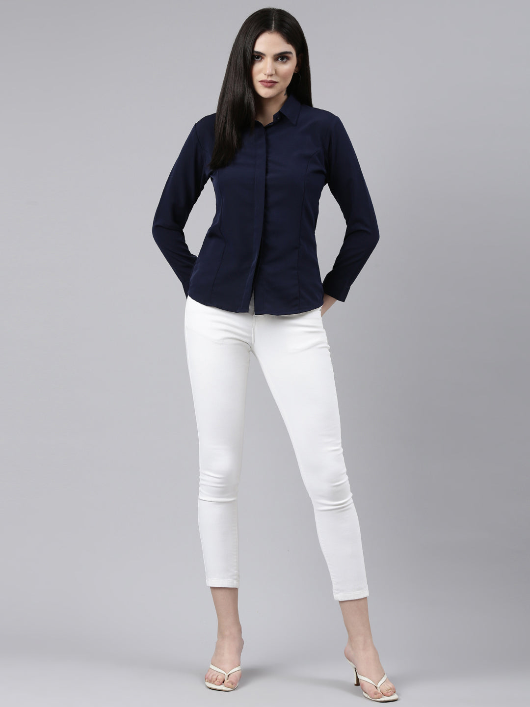 Women Navy Blue Solid Shirt