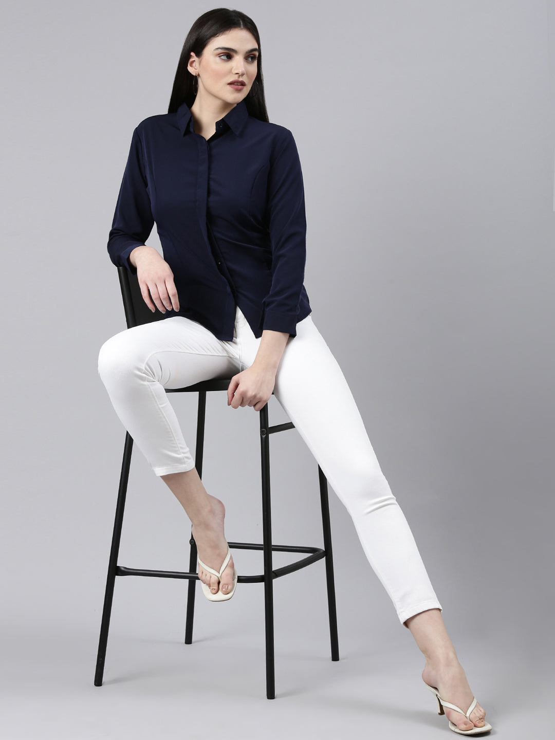 Women Navy Blue Solid Shirt