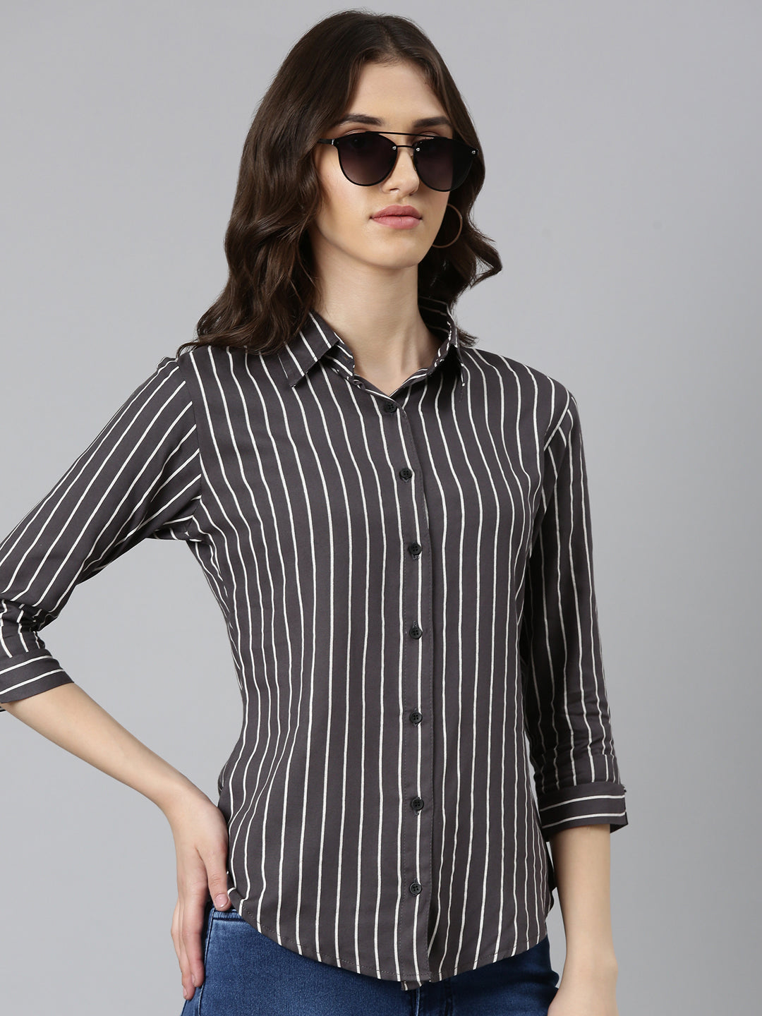 Women Grey Striped Shirt