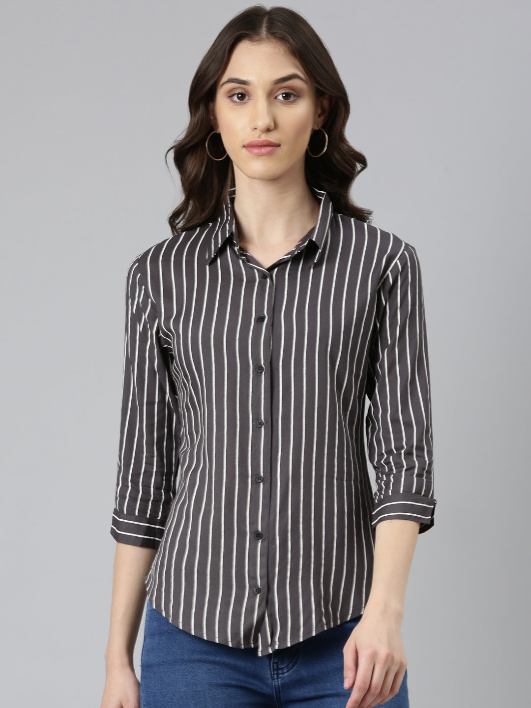 Women Grey Striped Shirt