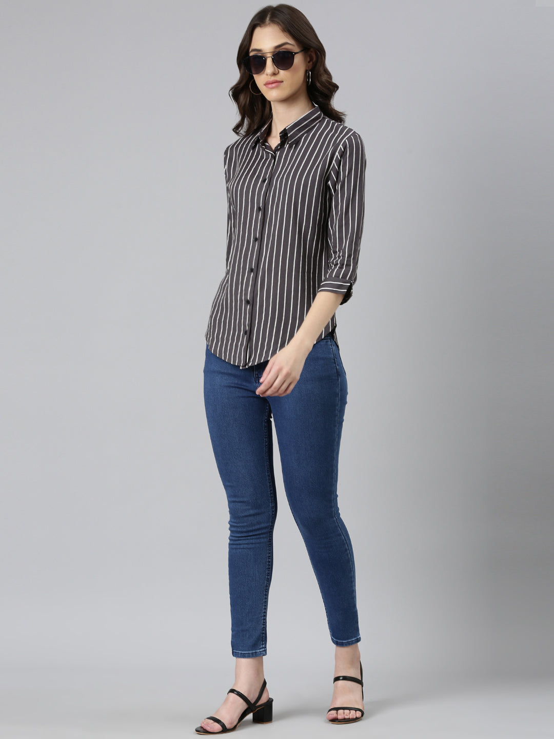 Women Grey Striped Shirt