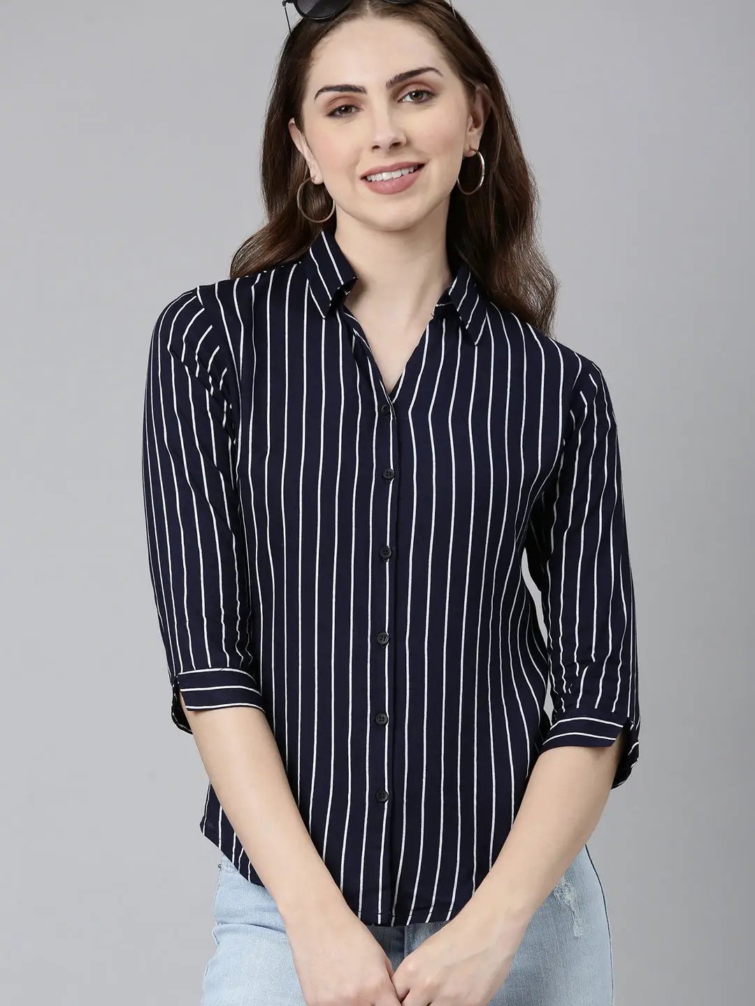 Women's Navy Blue Striped Shirt