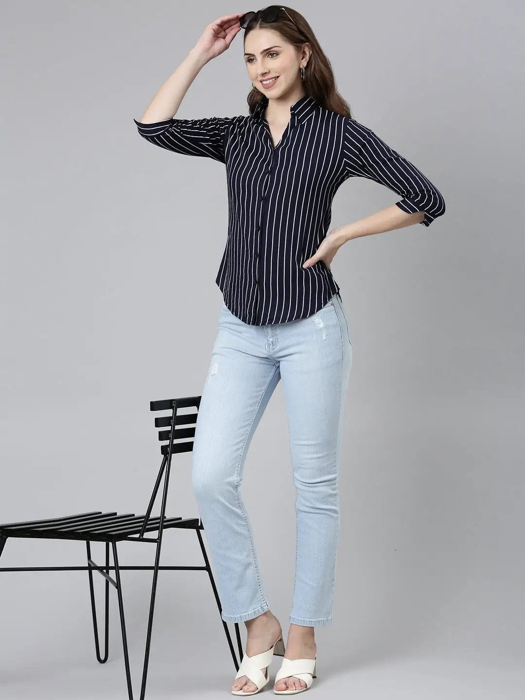 Women's Navy Blue Striped Shirt