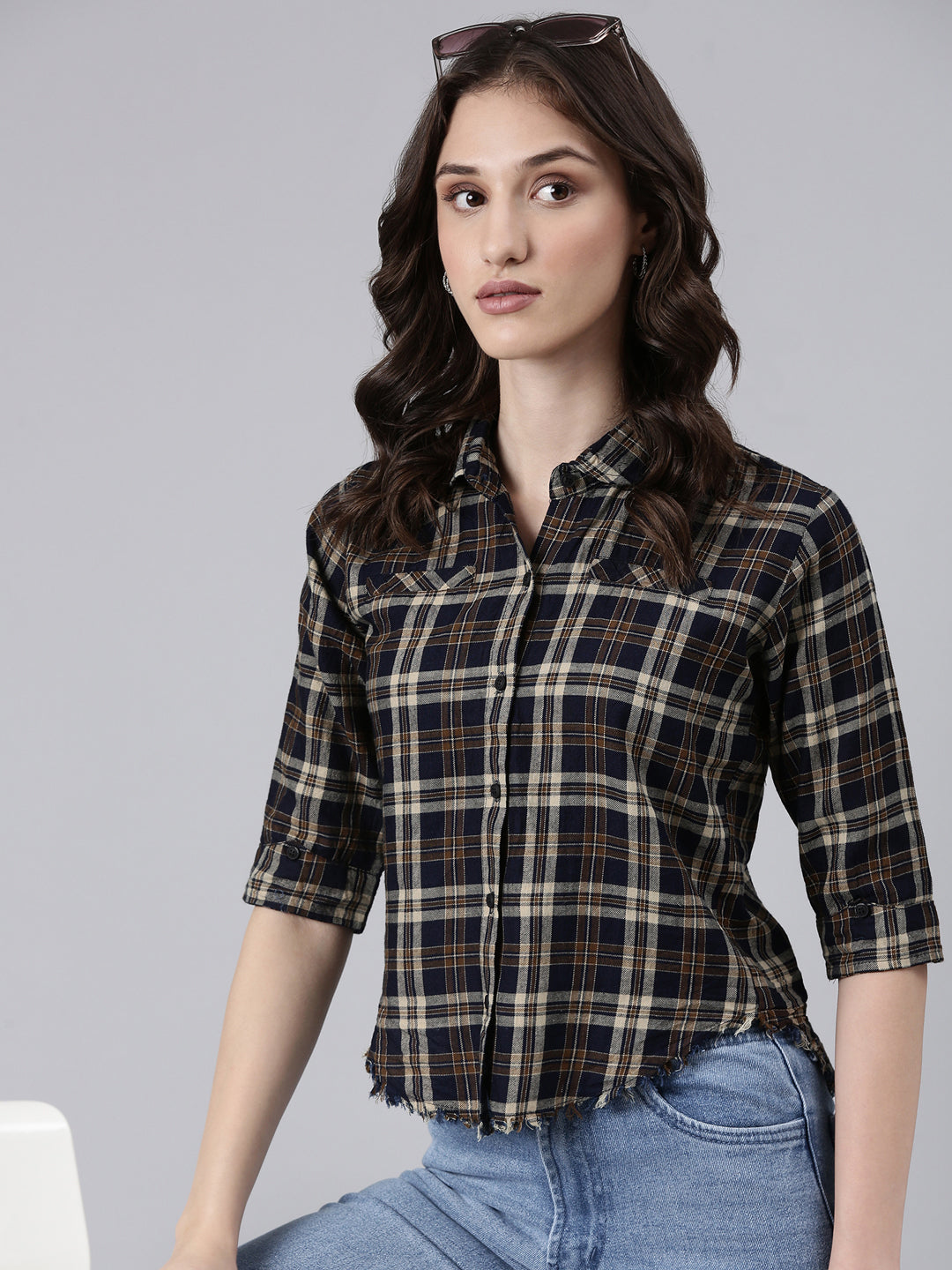 Women Navy Blue Checked Shirt