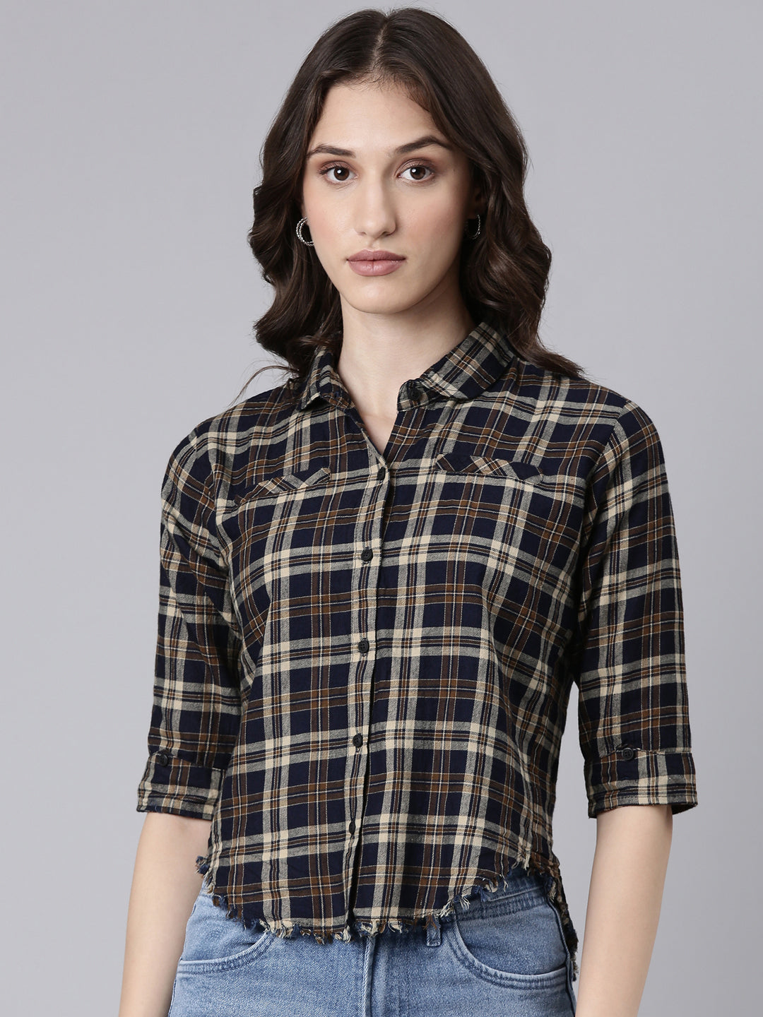 Women Navy Blue Checked Shirt