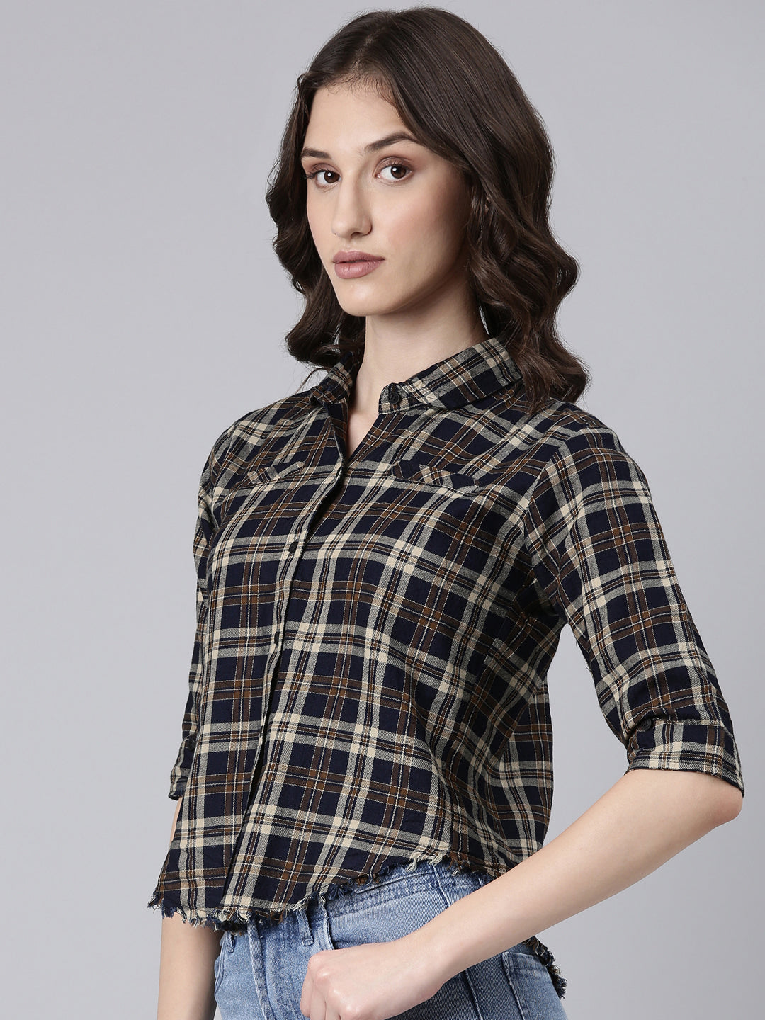 Women Navy Blue Checked Shirt