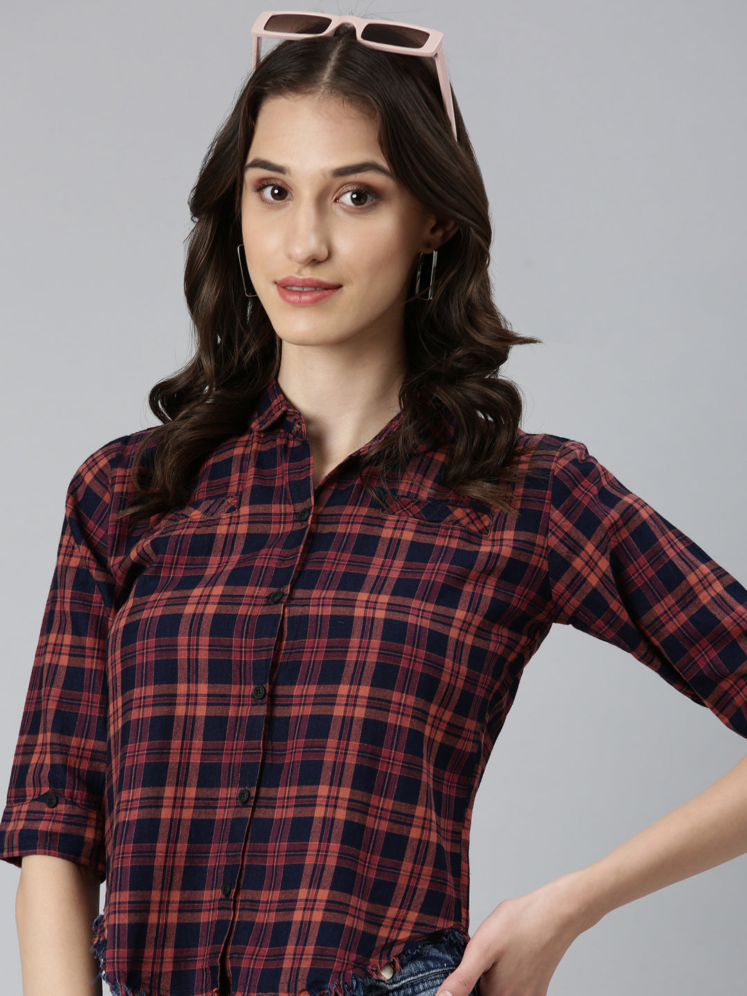 Women Navy Blue Checked Shirt