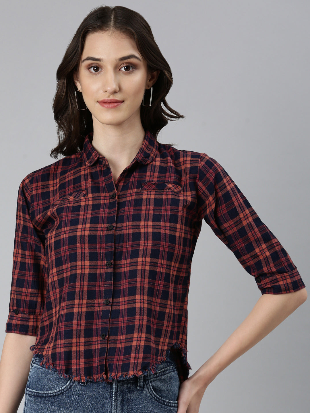 Women Navy Blue Checked Shirt