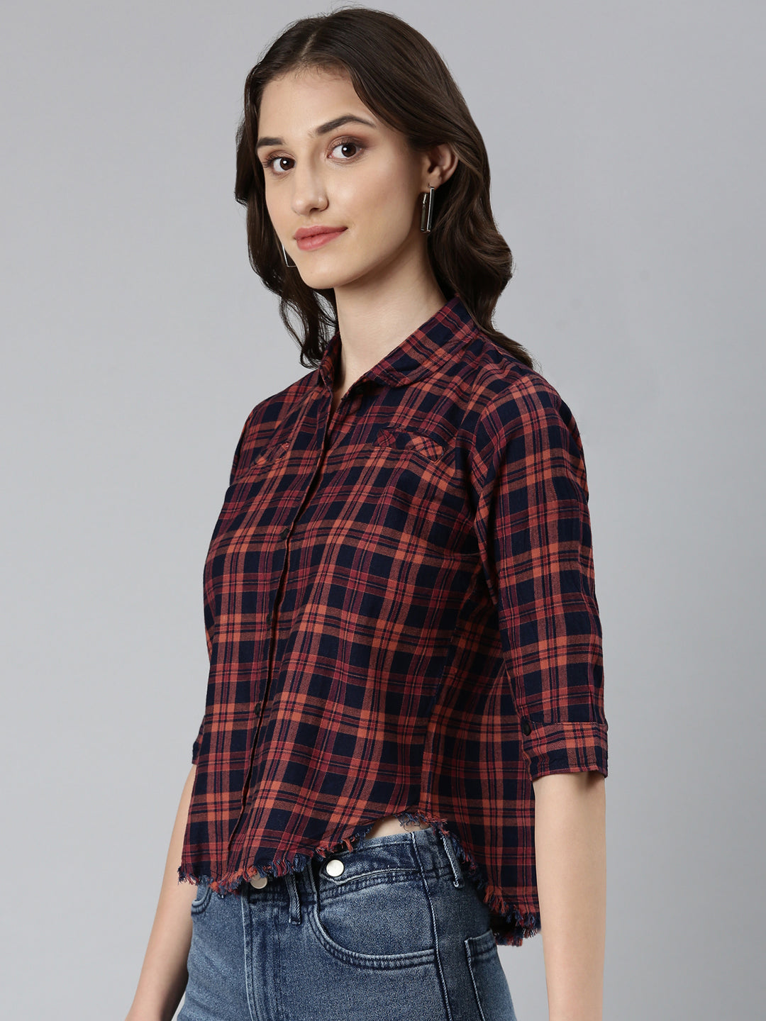 Women Navy Blue Checked Shirt