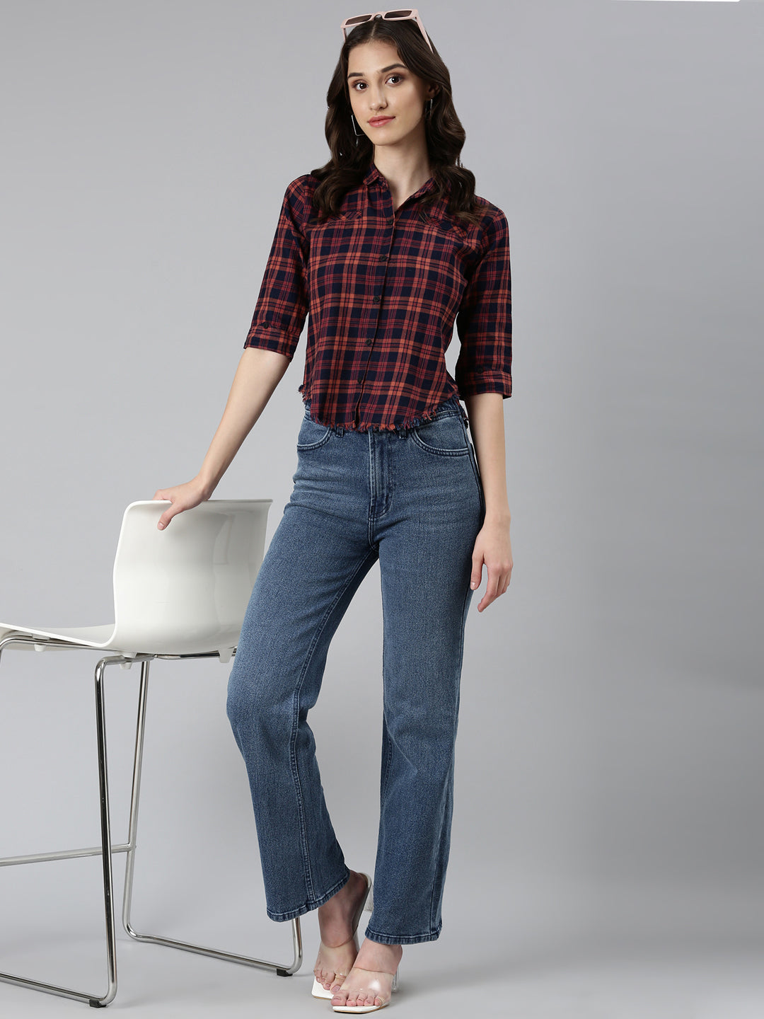 Women Navy Blue Checked Shirt