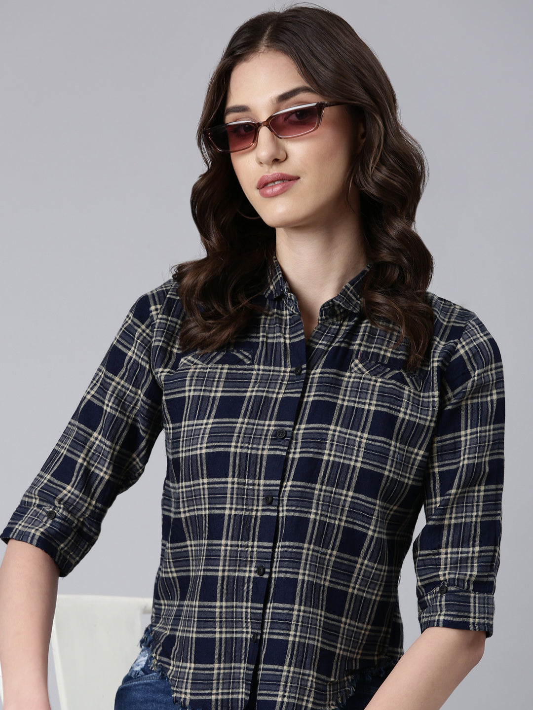 Women Navy Blue Checked Shirt