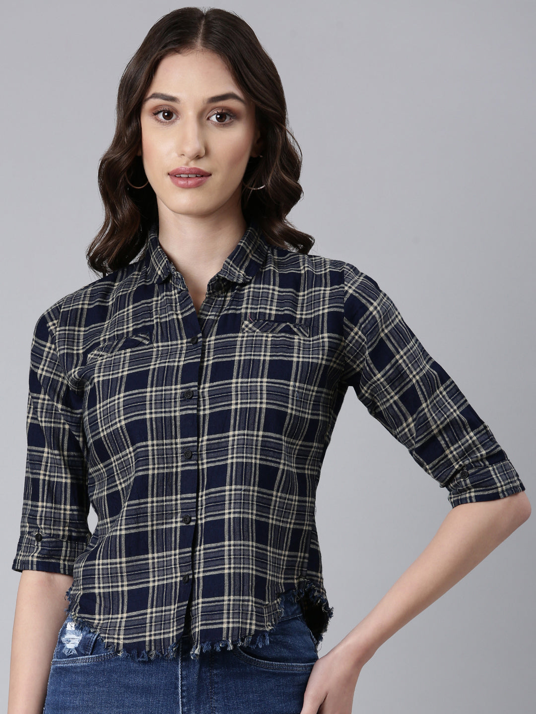 Women Navy Blue Checked Shirt