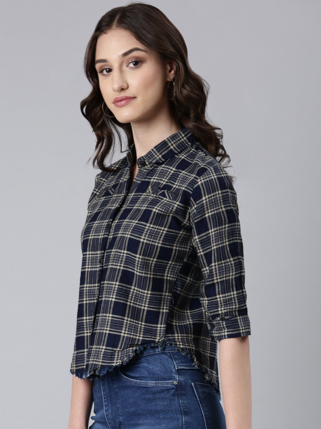 Women Navy Blue Checked Shirt