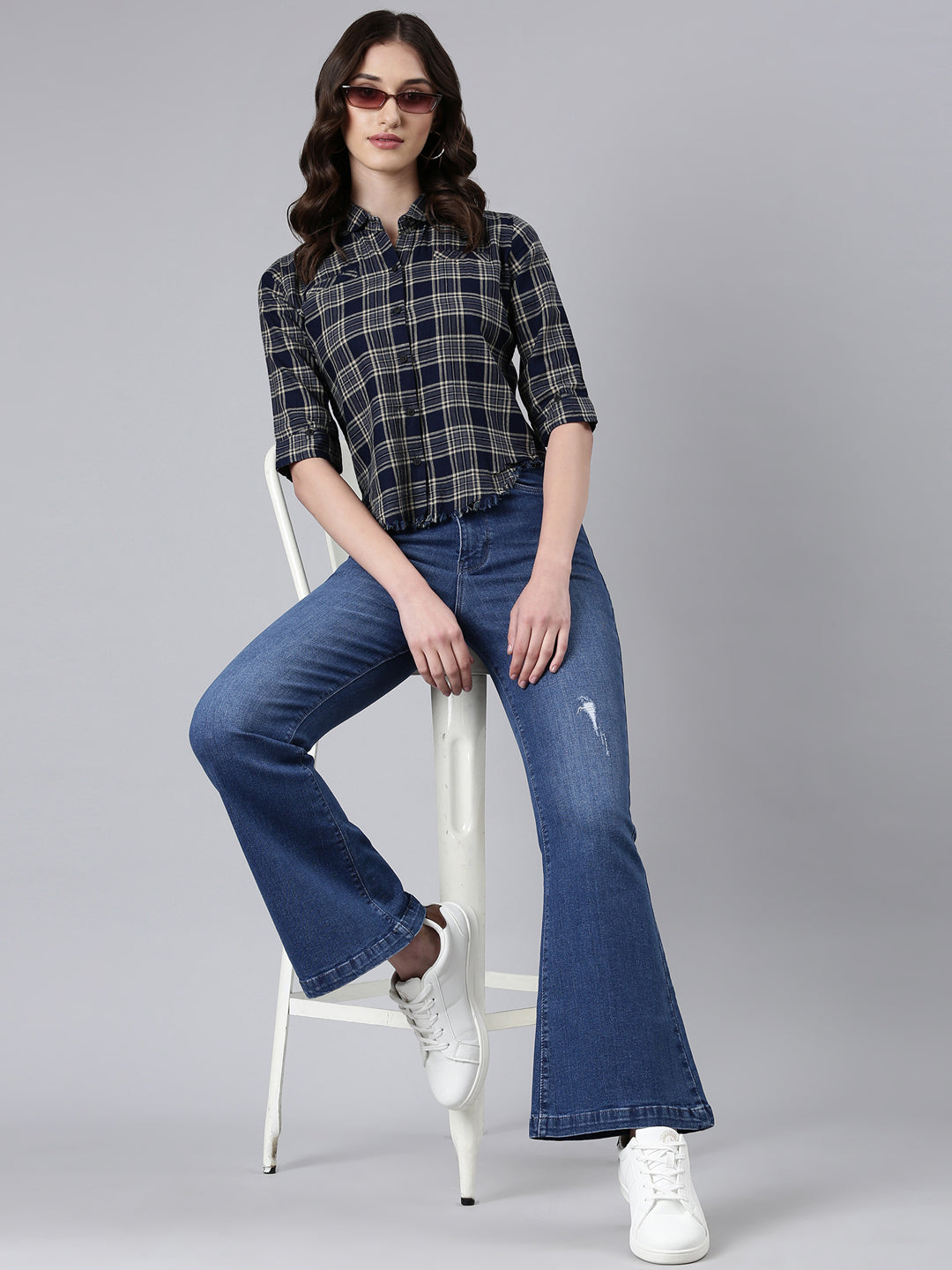 Women Navy Blue Checked Shirt