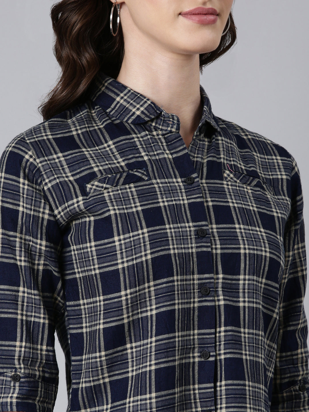 Women Navy Blue Checked Shirt