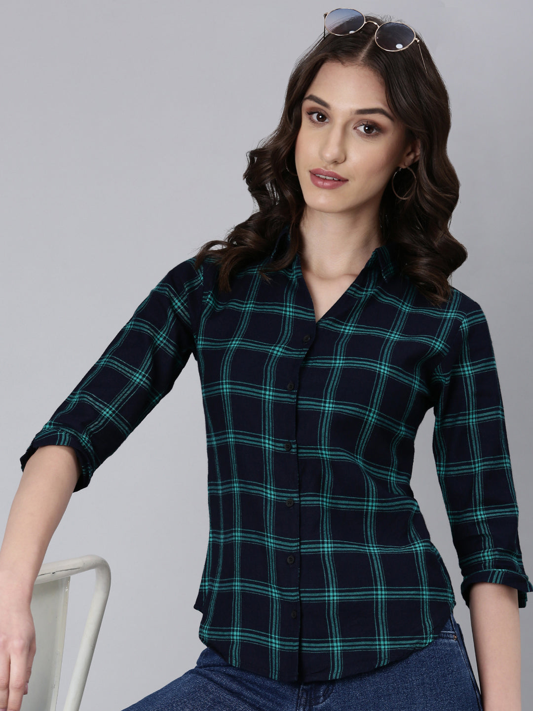 Women Navy Blue Checked Shirt