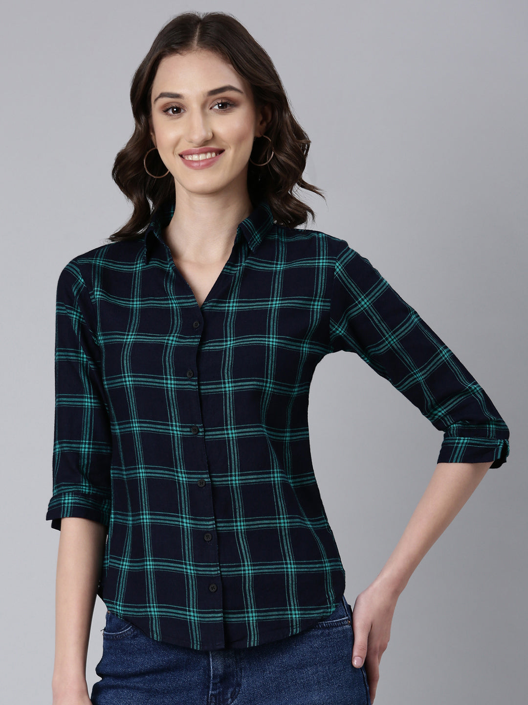 Women Navy Blue Checked Shirt