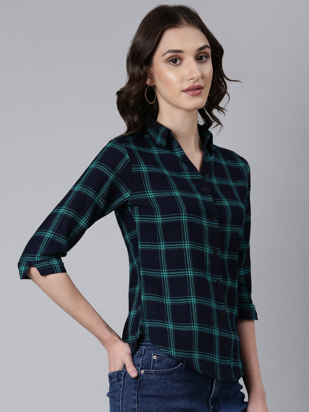 Women Navy Blue Checked Shirt