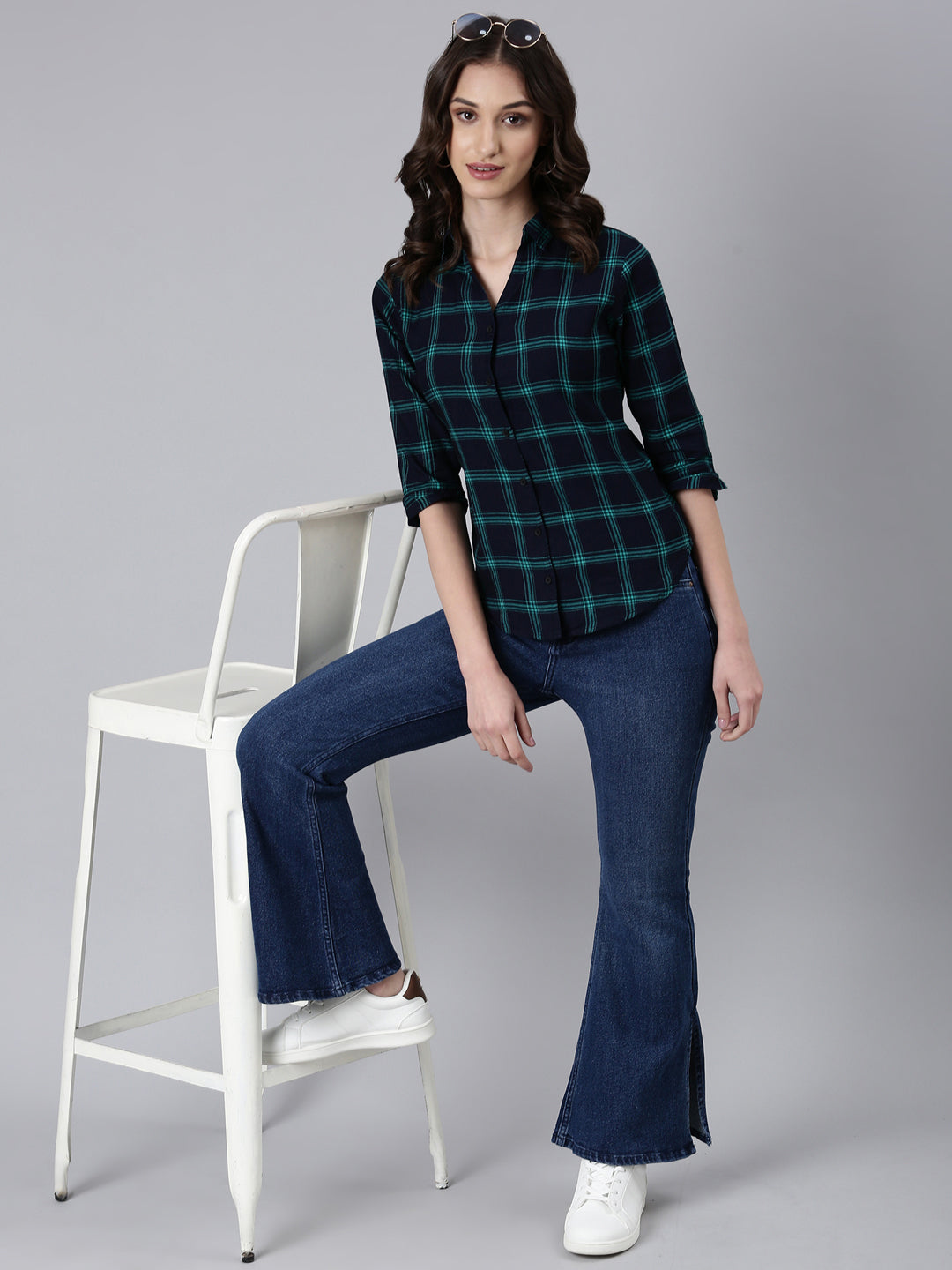 Women Navy Blue Checked Shirt