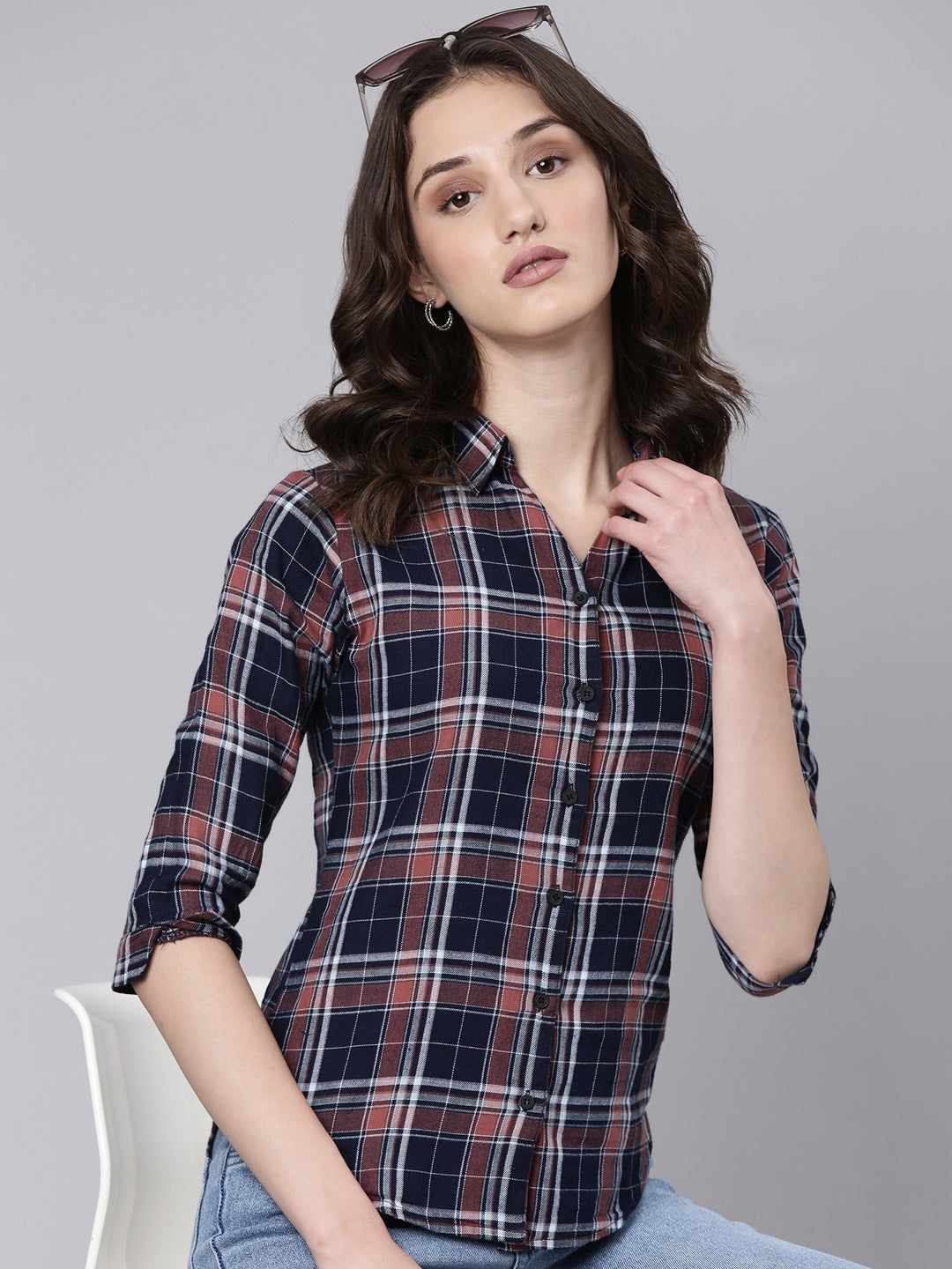 Women Navy Blue Checked Shirt