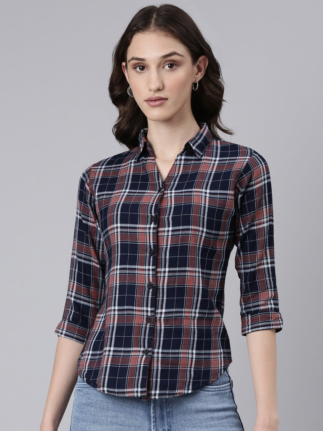 Women Navy Blue Checked Shirt