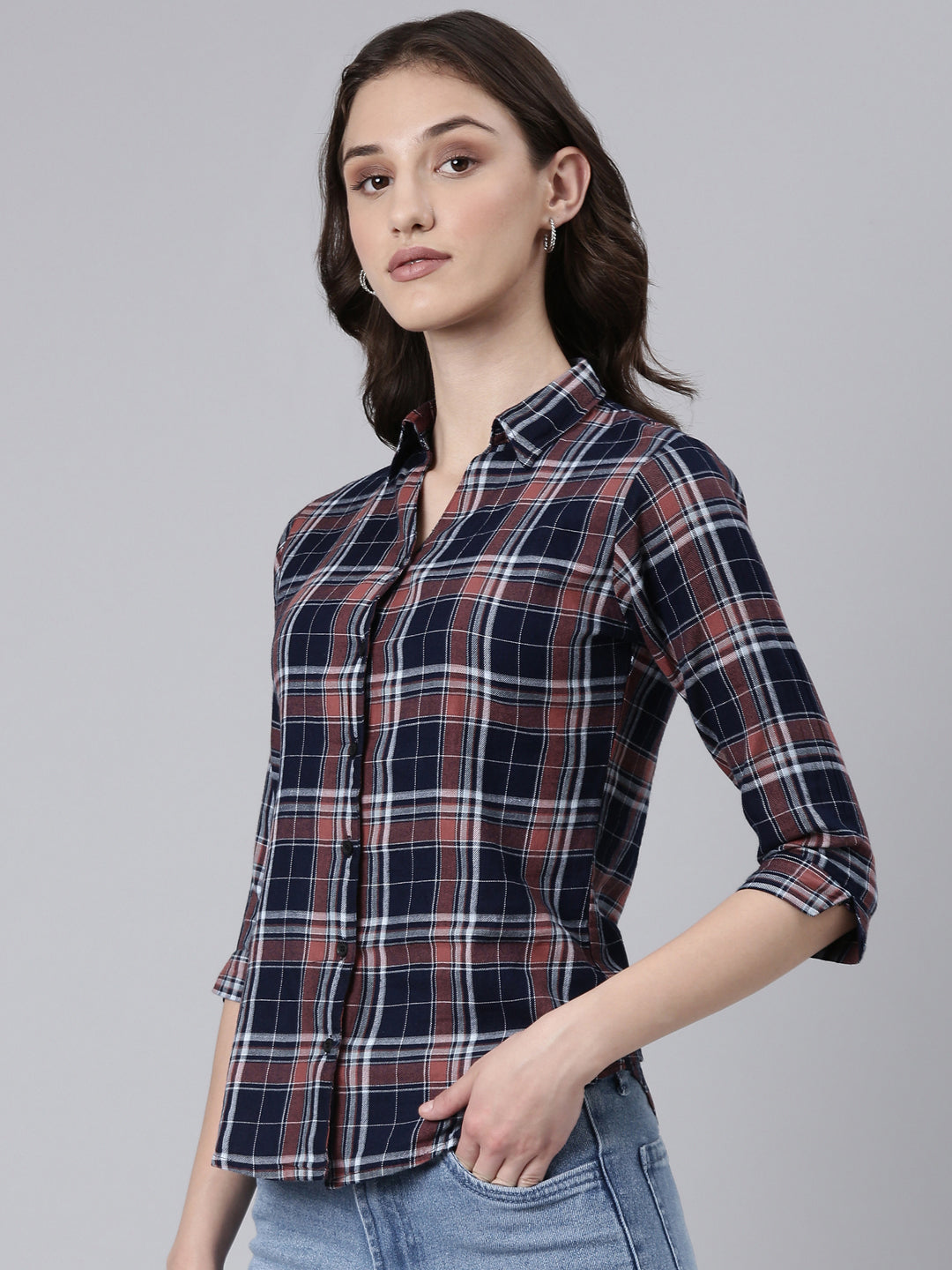 Women Navy Blue Checked Shirt