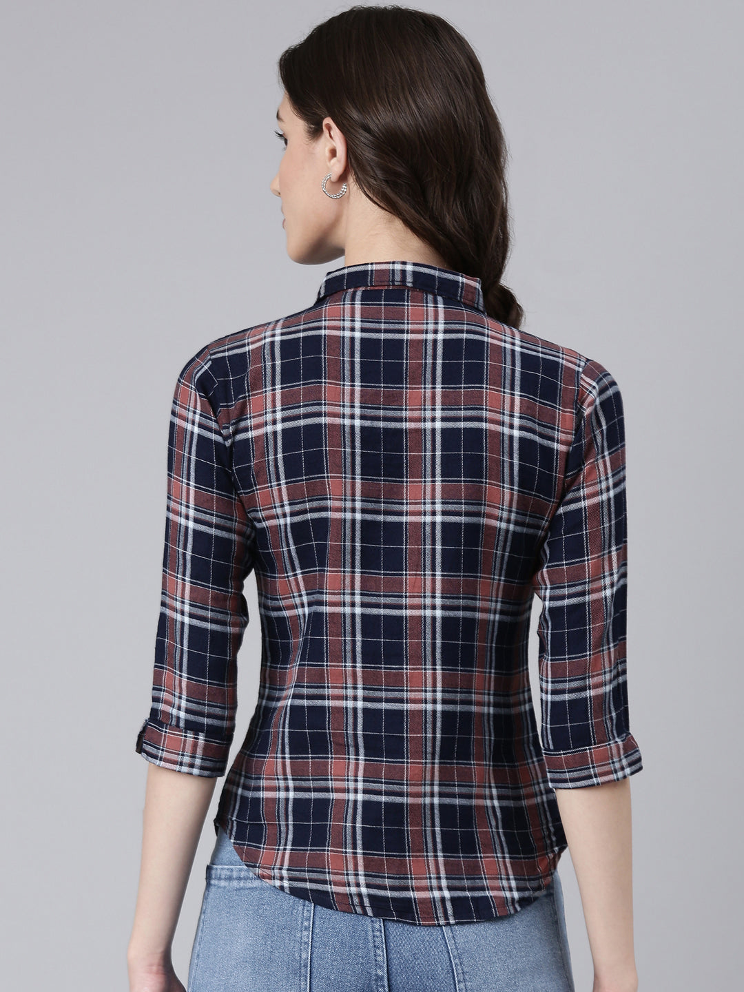 Women Navy Blue Checked Shirt